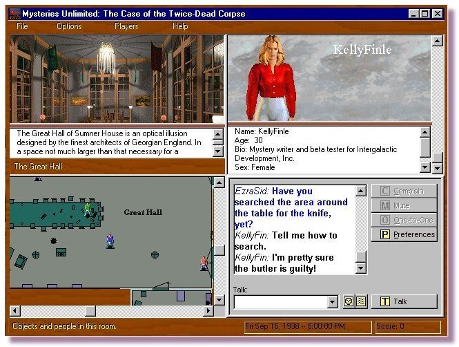 Mysteries Unlimited screen shot (Windows) was a massively multiplayer online mystery game created for AOL/WorldPlay (click to enlarge).