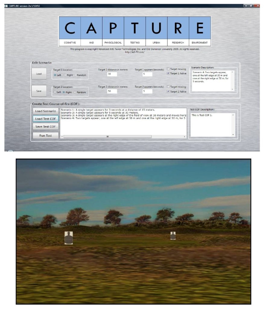 Two screens showing the CAPTURE program. The top screen shows the interface for creating target scenarios. The bottom screen is one of the the shooting ranges generated by CAPTURE. Click to enlarge.