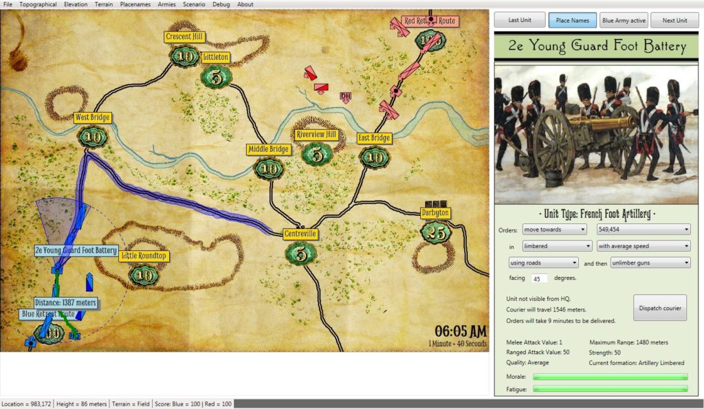 Screen capture showing one method of displaying information about a unit. In this case the stored values include Melee attack value, maximum range, ranged attack value, strength, unit quality, formation, morale and fatigue. Click to enlarge.