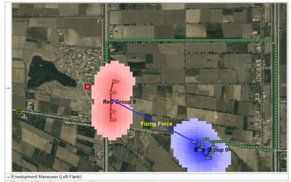 MATE's analysis and COA for the Battle of Marjah: a right-flank envelopment maneuver with two infantry platoons while a fixing force of the mortar platoon and a third infantry platoon kept the enemy's attention. Click to enlarge.