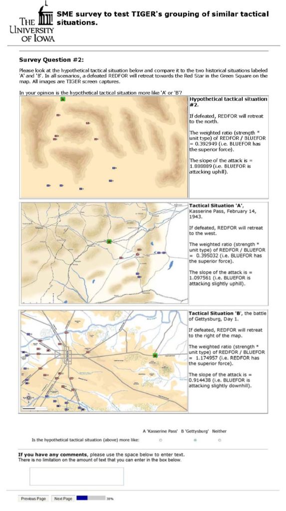 An example of the blind survey questions asked of SMEs: is the hypothetical battlefield situation on the top more like the historical battlefield in the middle (Kasserine Pass) or the historical battlefield at the bottom (Gettysburg). Click to enlarge.